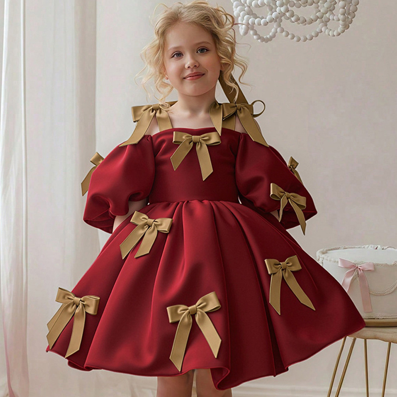 Satin Bow Short Sleeve Regular Dresses - Wine - 10Y - image 8