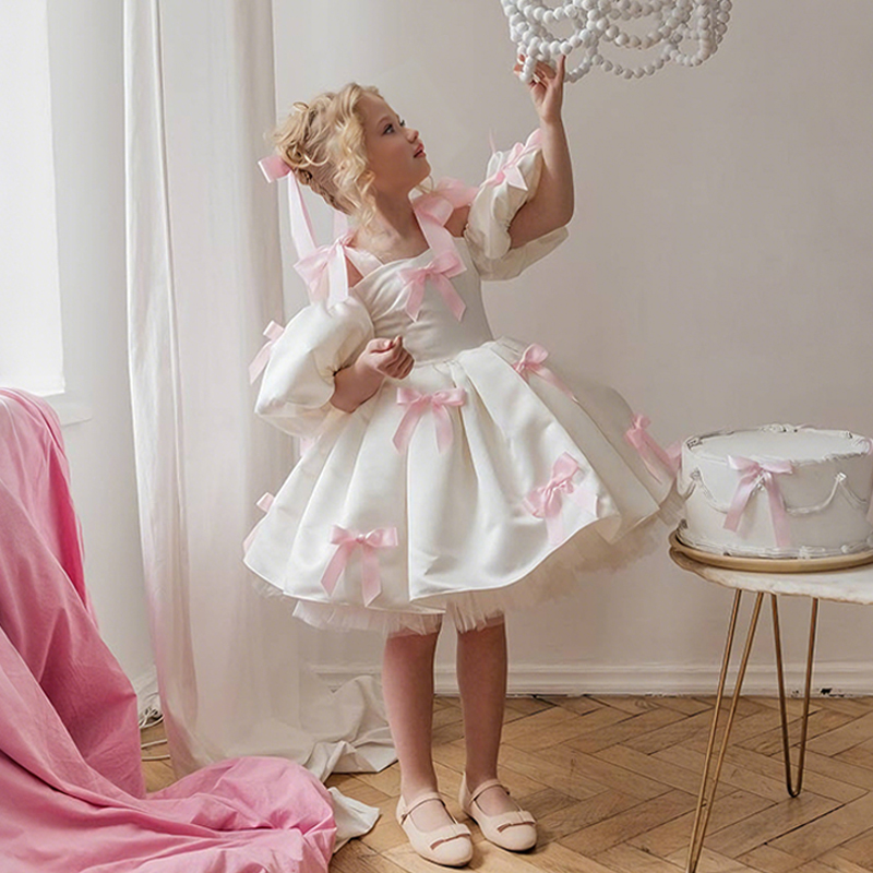 Satin Bow Short Sleeve Regular Dresses - Pink - 10Y - image 1