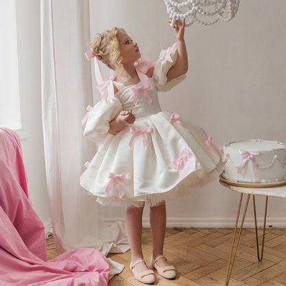 Satin Bow Short Sleeve Regular Dresses - Pink - 10Y - image 1