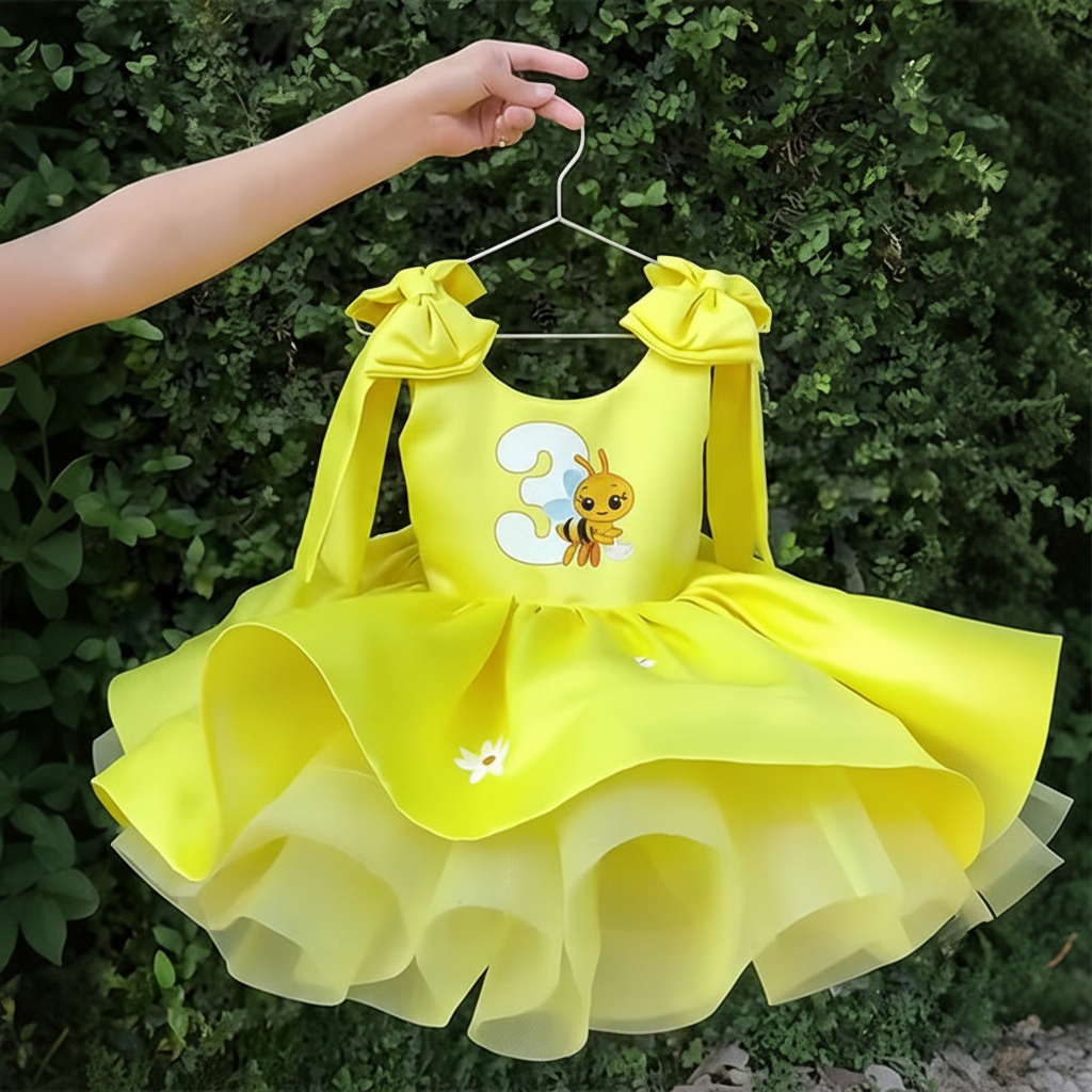 Satin Bow Printing Sleeveless Short Dresses - Yellow - 3Y - image 4