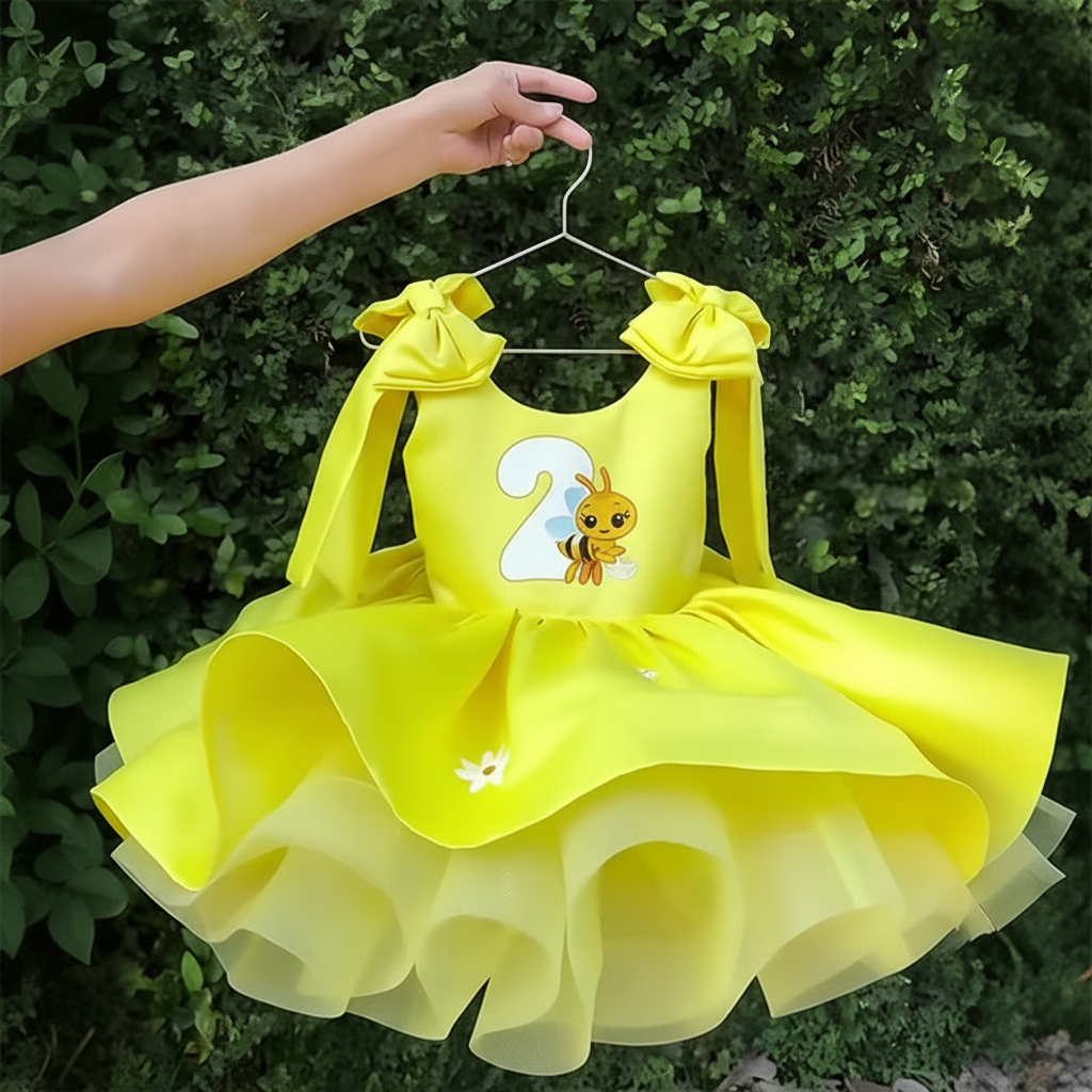 Satin Bow Printing Sleeveless Short Dresses - Yellow - 2Y - image 2