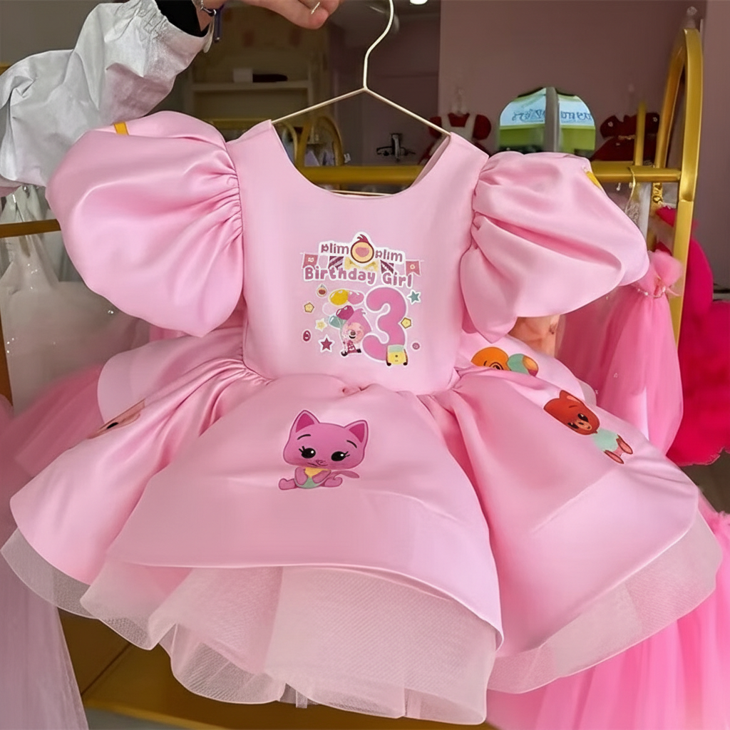 Satin Bow Printing Short Sleeve Short Dresses - Pink - 3Y - image 5