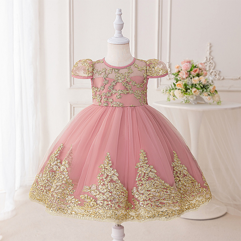 Mesh Lace Bow Lace Short Sleeve Mid-long Dresses - Dark Pink - 8Y - image 1