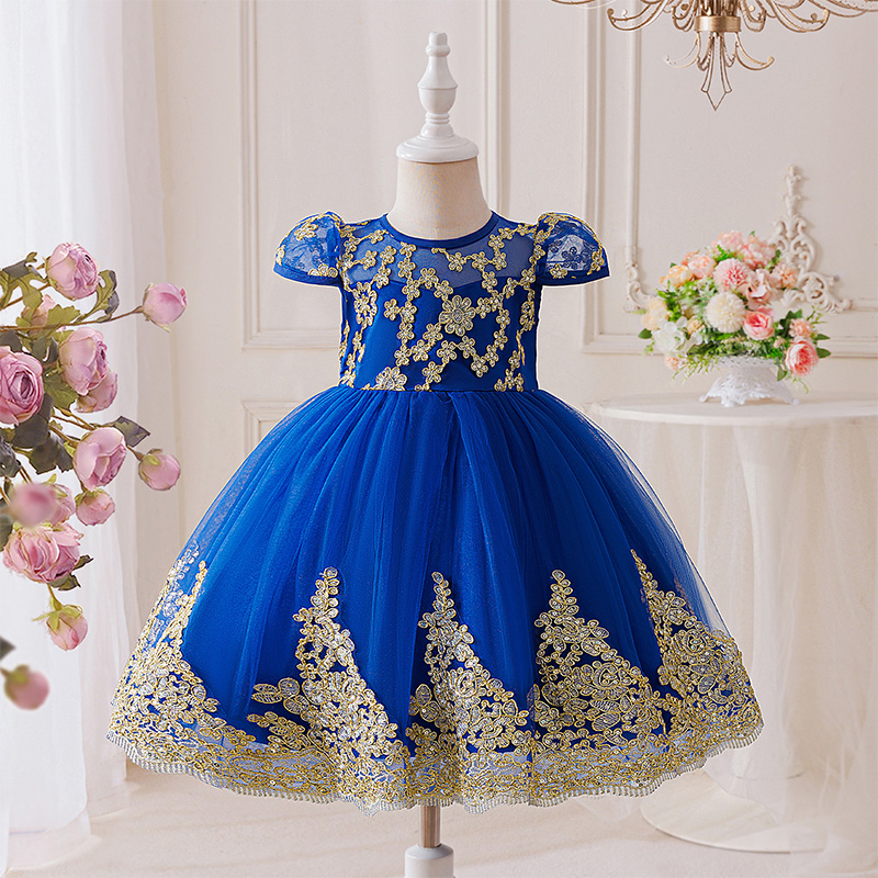Mesh Lace Bow Lace Short Sleeve Mid-long Dresses - Dark Blue - 8Y - image 9