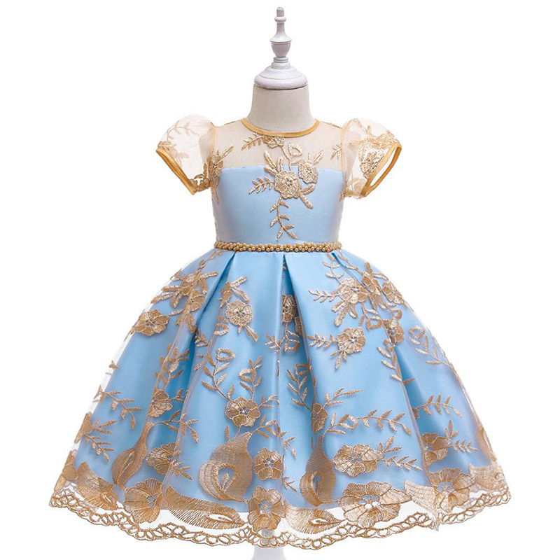 Mesh Lace Bow Lace Imitation Pearls Short Sleeve Mid-long Dresses - Champagne - 8Y - image 1