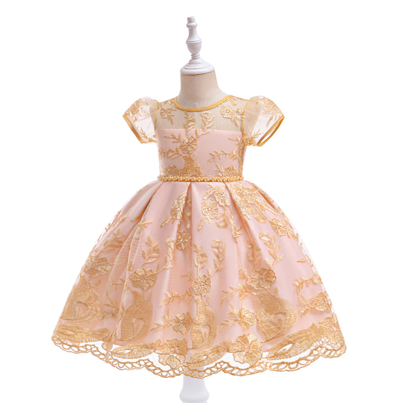 Mesh Lace Bow Lace Imitation Pearls Short Sleeve Mid-long Dresses - Light Pink - 8Y - image 11