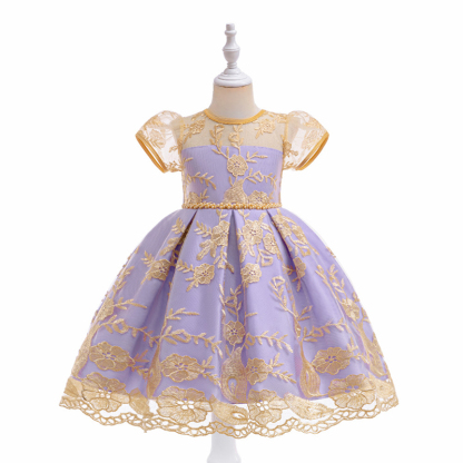 Mesh Lace Bow Lace Imitation Pearls Short Sleeve Mid-long Dresses - Purple - 8Y - image 17