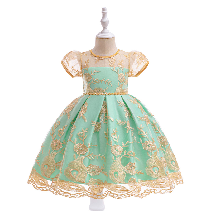 Mesh Lace Bow Lace Imitation Pearls Short Sleeve Mid-long Dresses - Green - 8Y - image 25