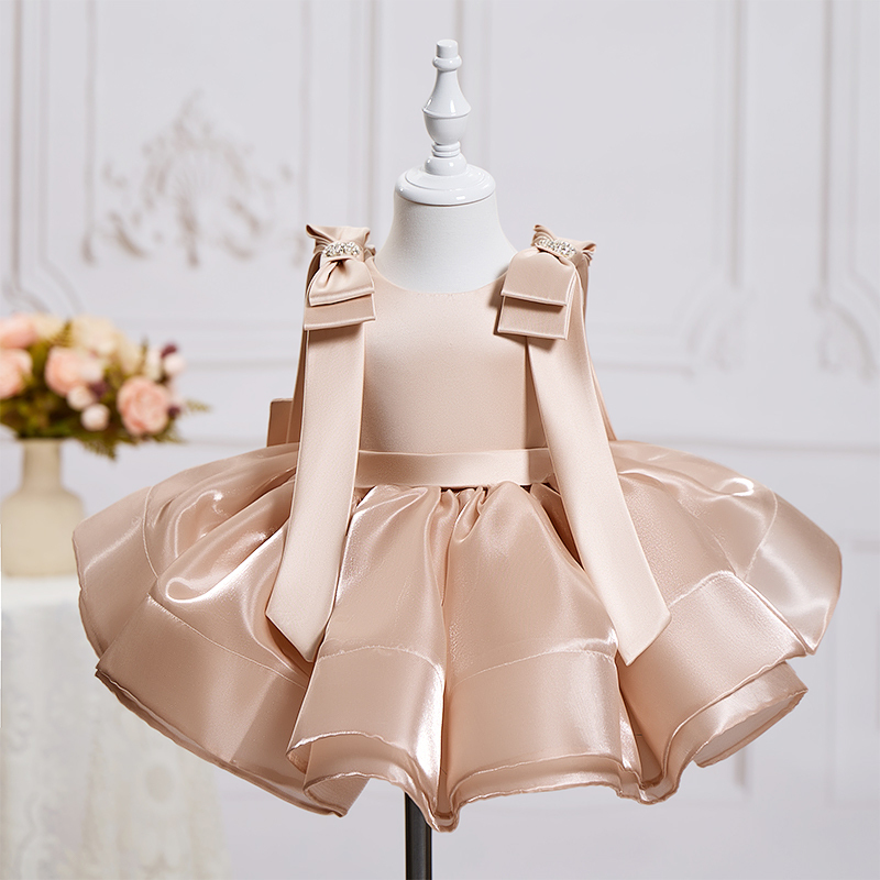 Organza Bow Imitation Pearls Sleeveless Midi Dresses - Champagne - 12-13Y - image 1