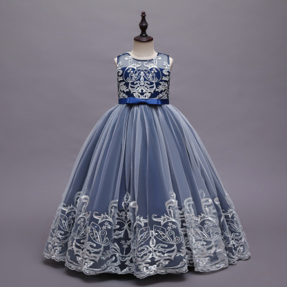 Mesh Lace Bow Lace Sleeveless Long Dresses - Royal Blue - 12-13Y - image 13