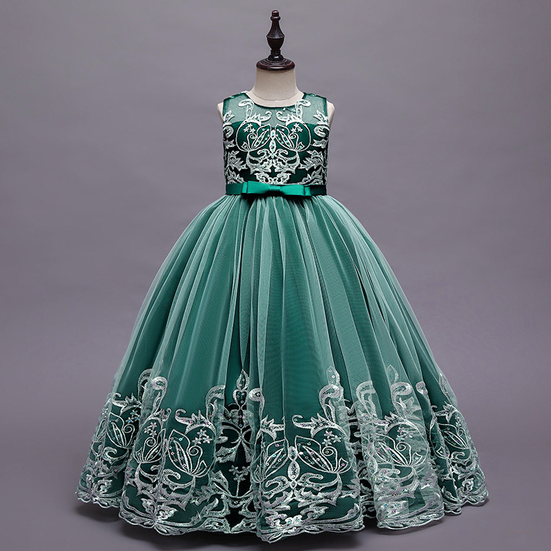 Mesh Lace Bow Lace Sleeveless Long Dresses - Dark Green - 12-13Y - image 19