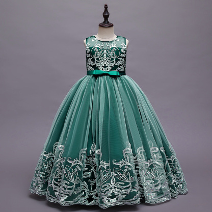 Mesh Lace Bow Lace Sleeveless Long Dresses - Dark Green - 12-13Y - image 19