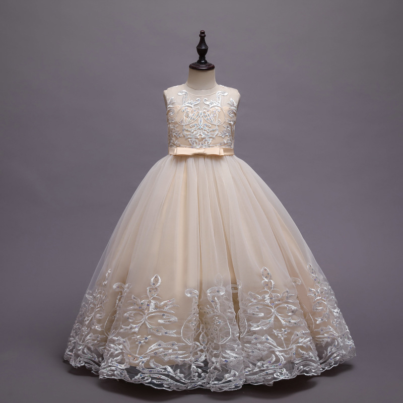 Mesh Lace Bow Lace Sleeveless Long Dresses - Champagne - 12-13Y - image 29