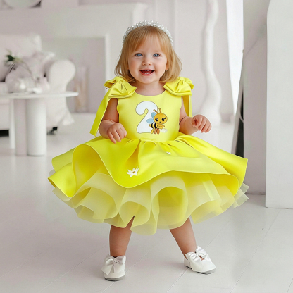 Satin Bow Printing Sleeveless Short Dresses - Yellow - 2Y - image 2