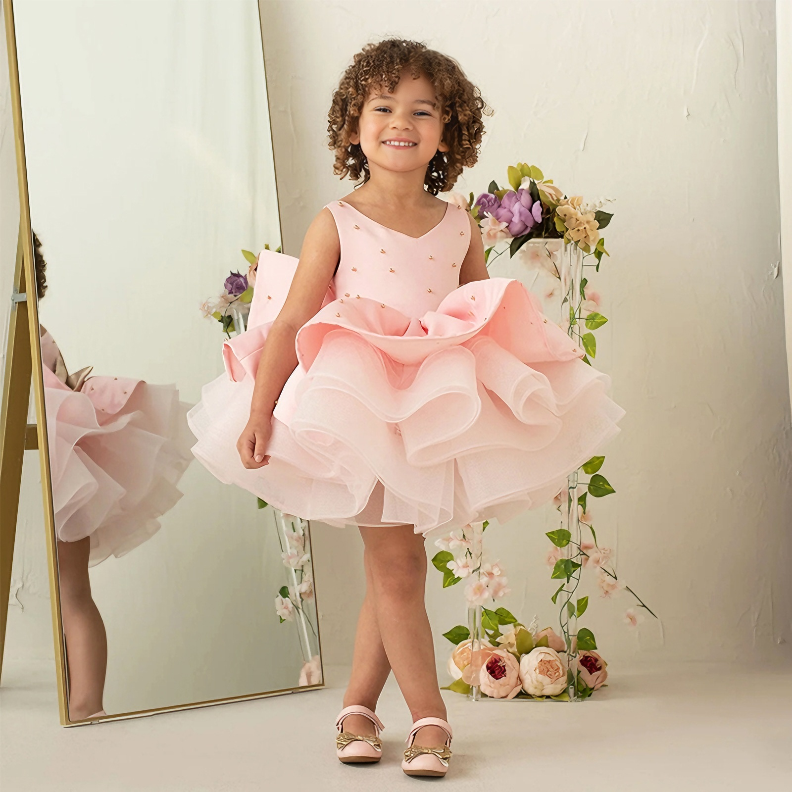Satin Bow Imitation Pearls Sleeveless Midi Dresses - Pink - 10-11Y - image 1