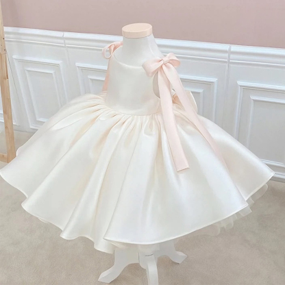 Satin Bow Sleeveless Midi Dresses - White - 5-6Y - image 1