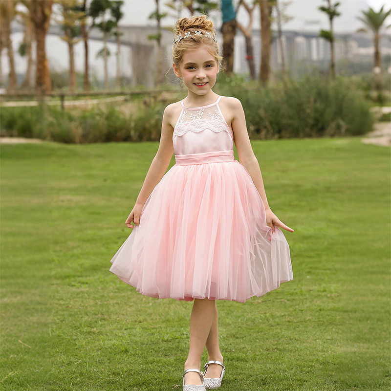Mesh Lace Bow Lace Sleeveless Mid-long Dresses - Pink - 12-13Y - image 1