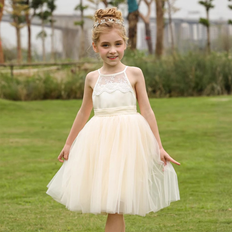 Mesh Lace Bow Lace Sleeveless Mid-long Dresses - Champagne - 12-13Y - image 6