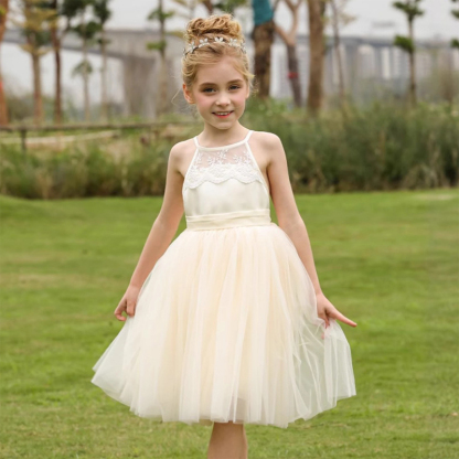 Mesh Lace Bow Lace Sleeveless Mid-long Dresses - Champagne - 12-13Y - image 6