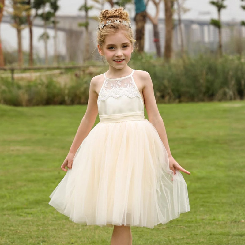 Mesh Lace Bow Lace Sleeveless Mid-long Dresses - Champagne - 12-13Y - image 6
