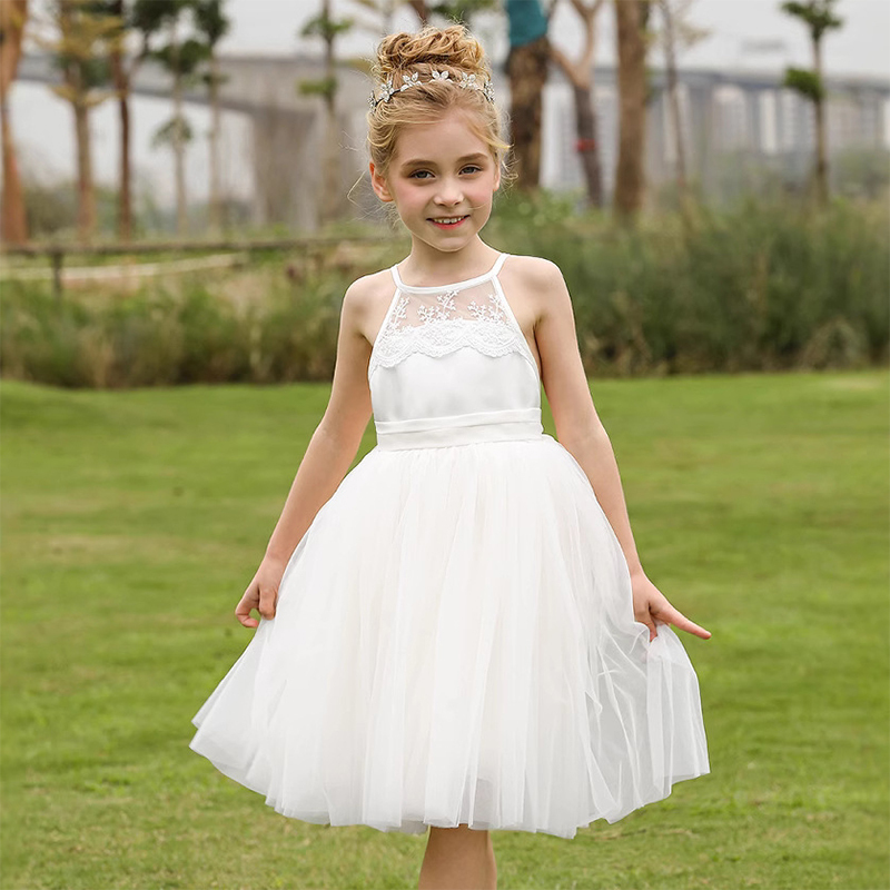 Mesh Lace Bow Lace Sleeveless Mid-long Dresses - Beige - 12-13Y - image 7