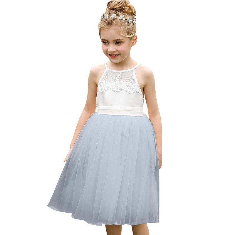 Mesh Lace Bow Lace Sleeveless Mid-long Dresses - Blue Grey - 12-13Y - image 8