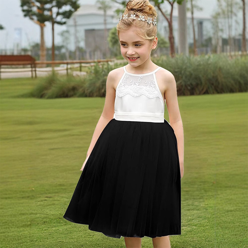 Mesh Lace Bow Lace Sleeveless Mid-long Dresses - Black - 12-13Y - image 9