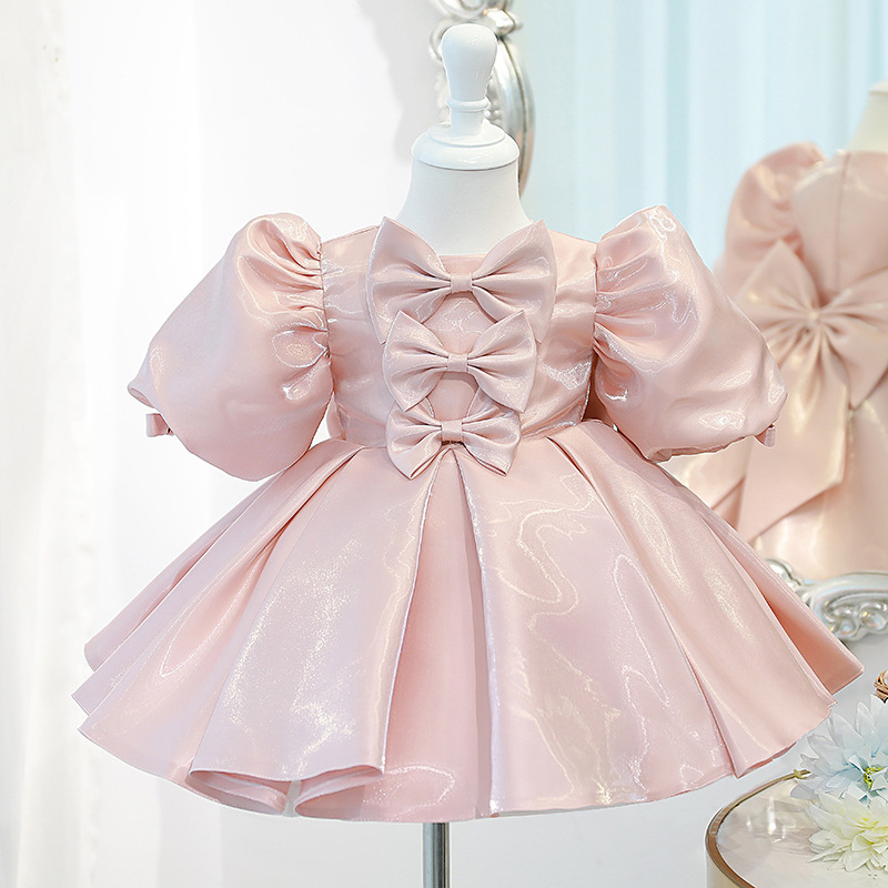 Chemical Fiber Blend Bow Short Sleeve Midi Dresses - Pink Short Sleeve - 15-16Y - image 1