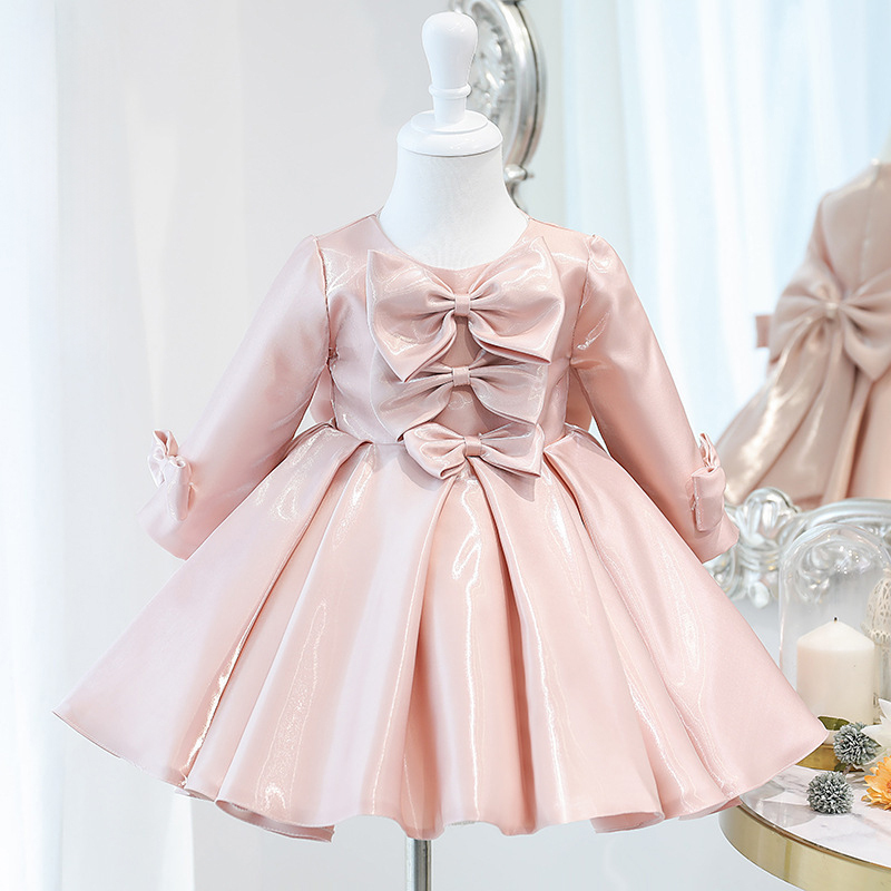 Chemical Fiber Blend Bow Short Sleeve Midi Dresses - Pink Long Sleeve - 15-16Y - image 2