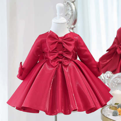 Chemical Fiber Blend Bow Short Sleeve Midi Dresses - Red Long Sleeve - 15-16Y - image 3