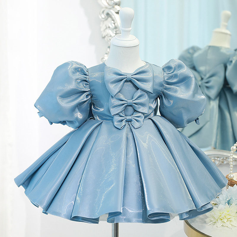 Chemical Fiber Blend Bow Short Sleeve Midi Dresses - Blue Grey Short Sleeve - 15-16Y - image 4