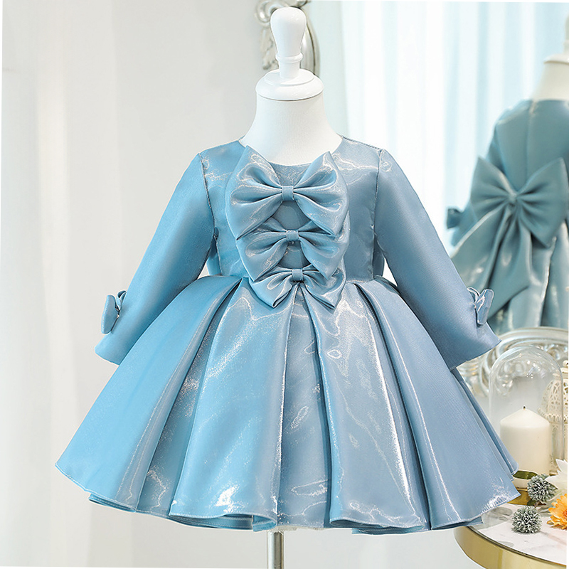 Chemical Fiber Blend Bow Short Sleeve Midi Dresses - Blue Grey Long Sleeve - 15-16Y - image 8