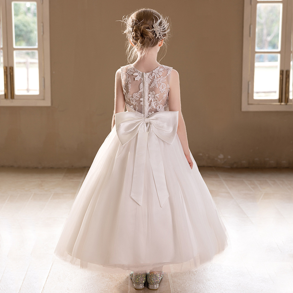 Mesh Bow Sleeveless Maxi Dresses - White - 16Y - image 1