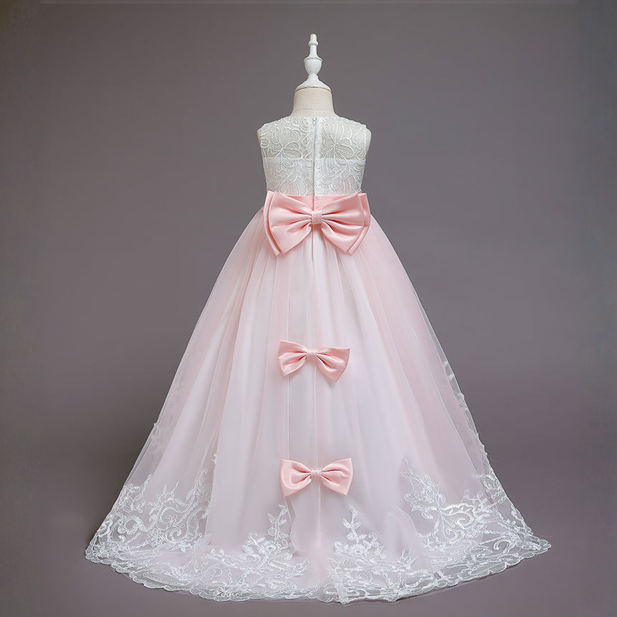 Mesh Bow Lace Sleeveless Maxi Dresses - Pink - 9-10Y - image 1