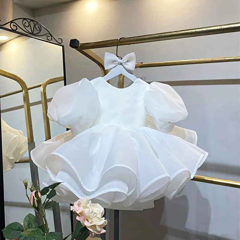 Organza Folds Bow Short Sleeve Midi Dresses - White - 15-16Y - image 5