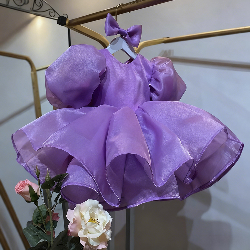 Organza Folds Bow Short Sleeve Midi Dresses - Purple - 15-16Y - image 10