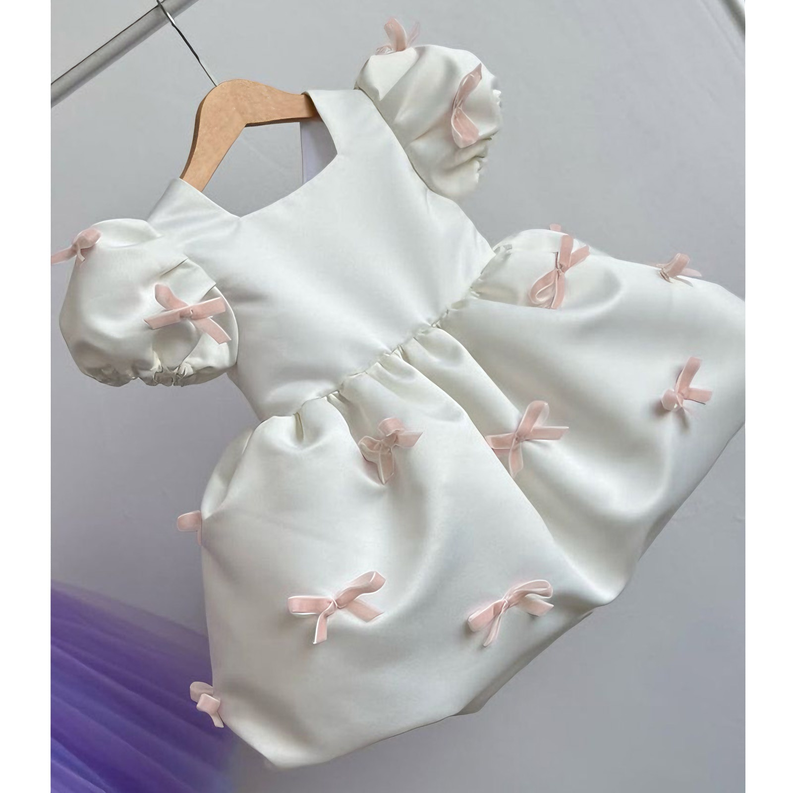 Satin Bow Short Sleeve Midi Dresses - White - 15-16Y - image 1