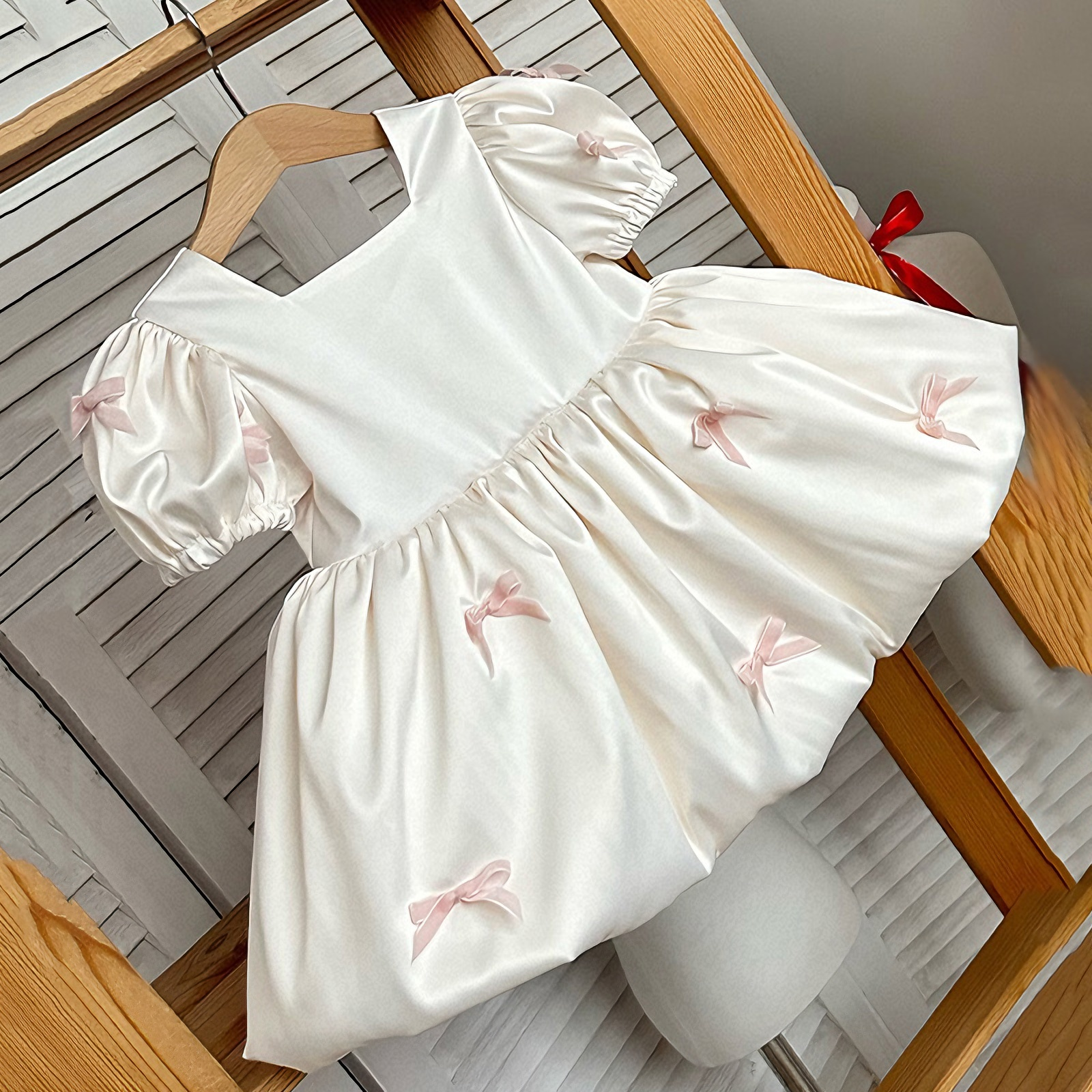 Satin Bow Short Sleeve Midi Dresses - image 2