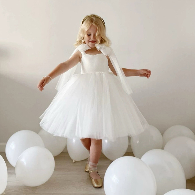 Mesh Bow Sleeveless Midi Dresses - White - 8Y - image 2