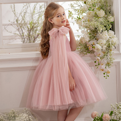Mesh Bow Sleeveless Midi Dresses - Pink - 8Y - image 4