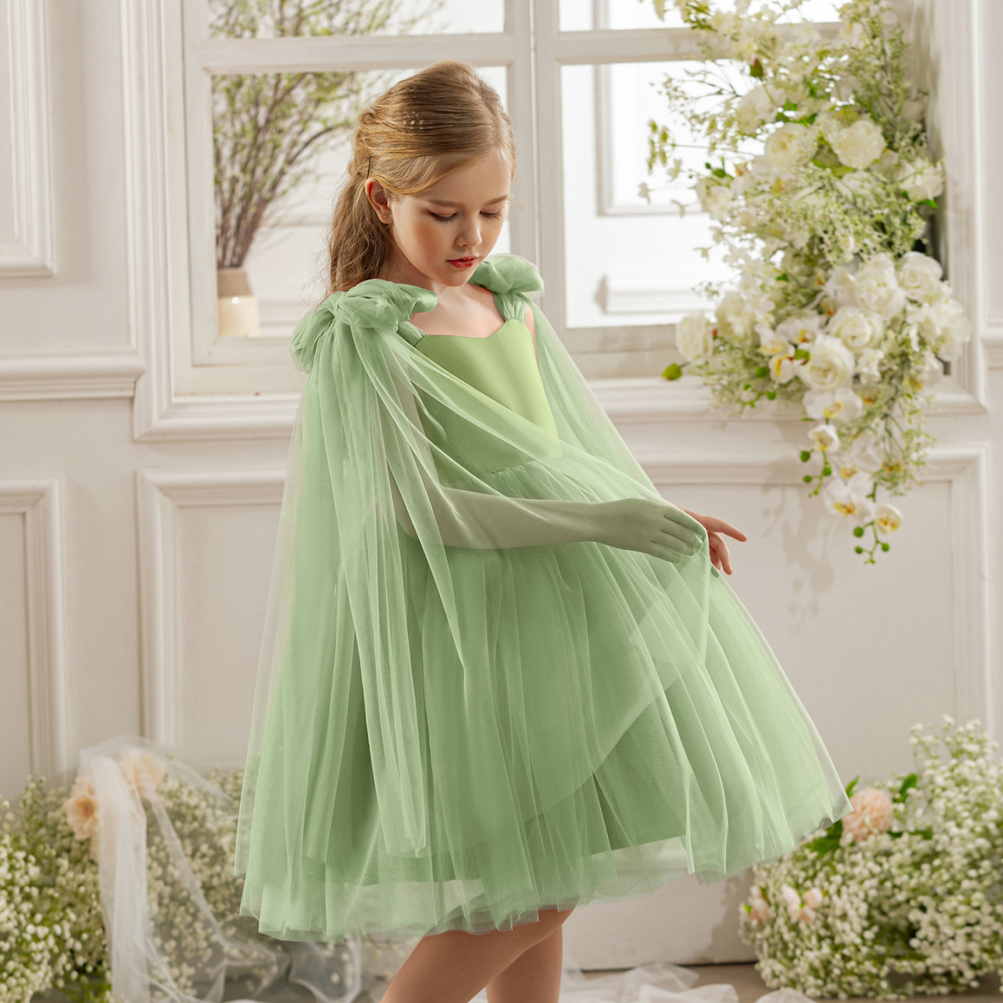 Mesh Bow Sleeveless Midi Dresses - Green - 8Y - image 5