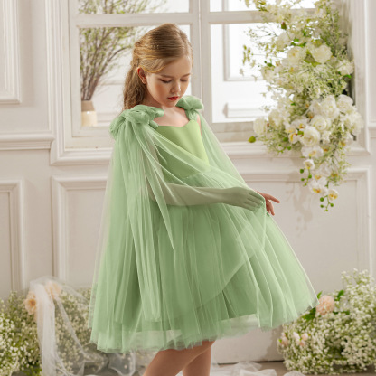Mesh Bow Sleeveless Midi Dresses - Green - 8Y - image 5