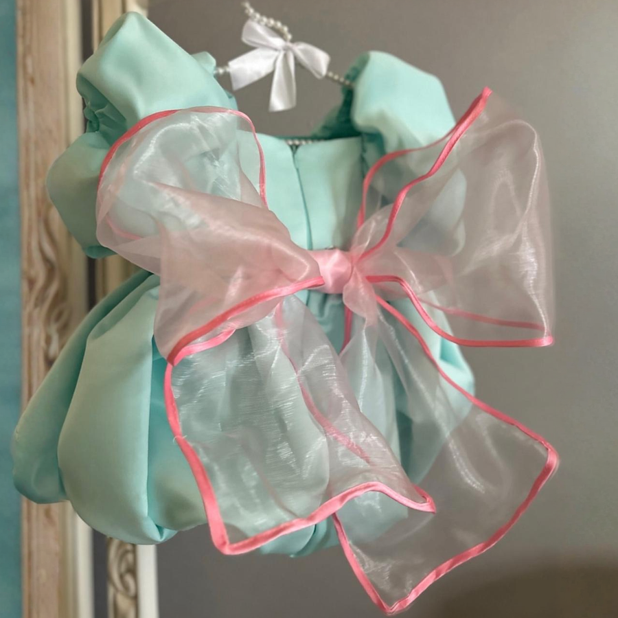 Satin Bow Short Sleeve Short Dresses - Green - 5Y - image 1