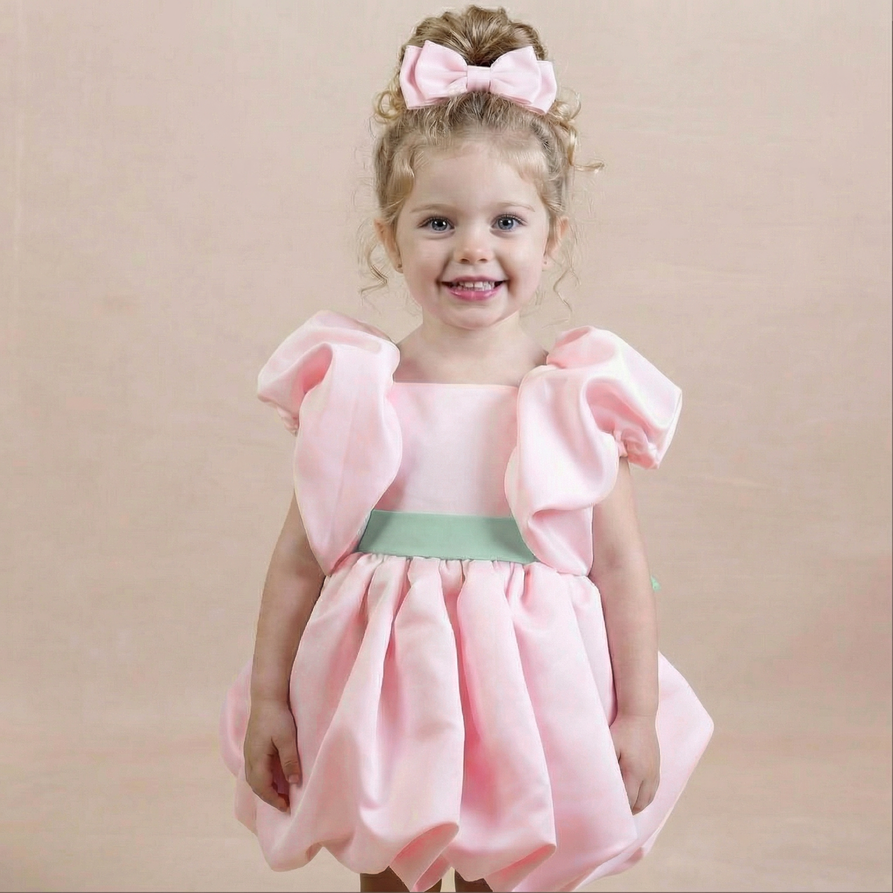 Satin Bow Short Sleeve Short Dresses - Pink - 5Y - image 2