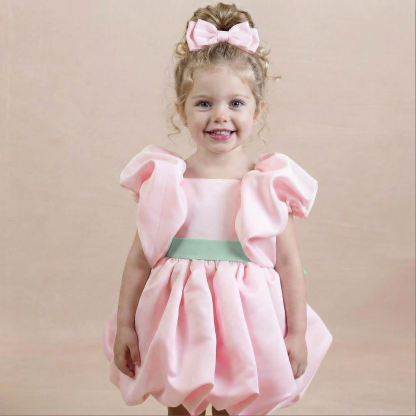 Satin Bow Short Sleeve Short Dresses - Pink - 5Y - image 2