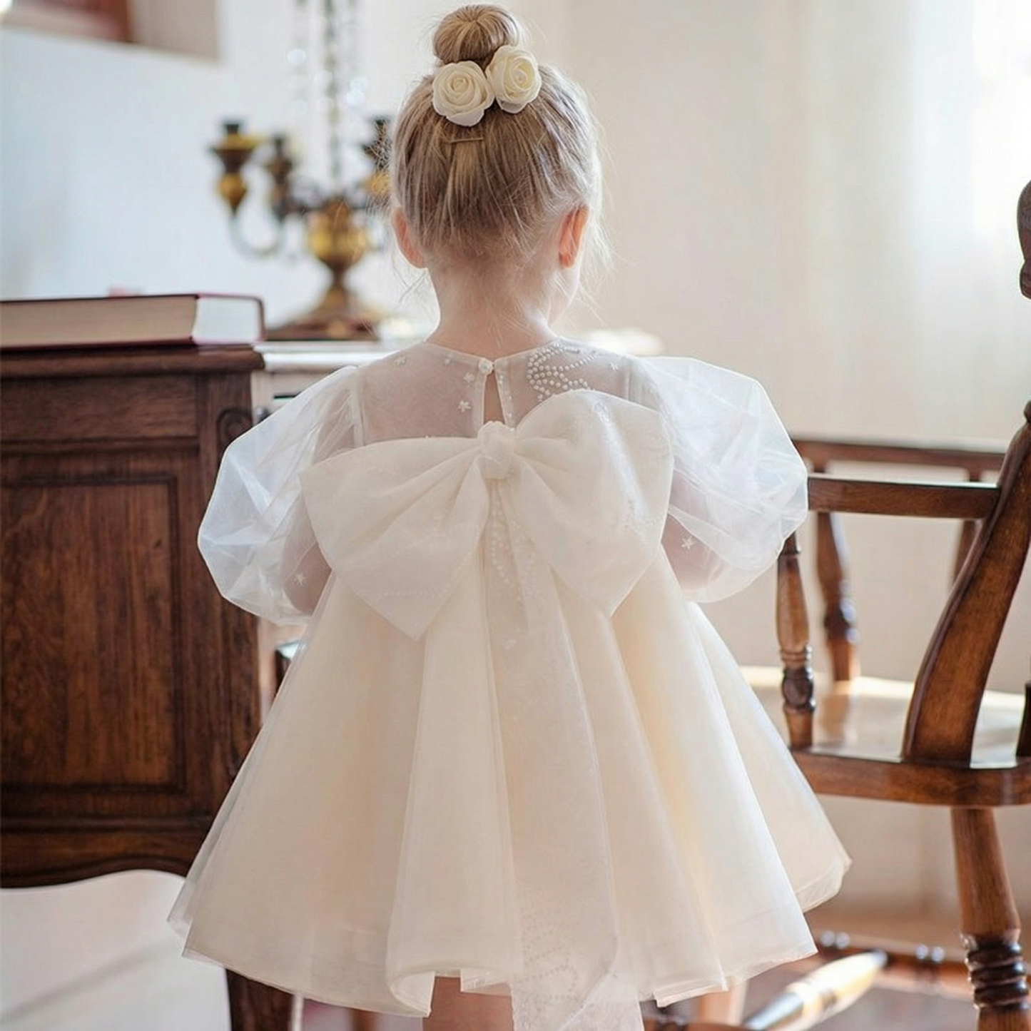 Mesh Bow Long Sleeve Midi Dresses - image 3