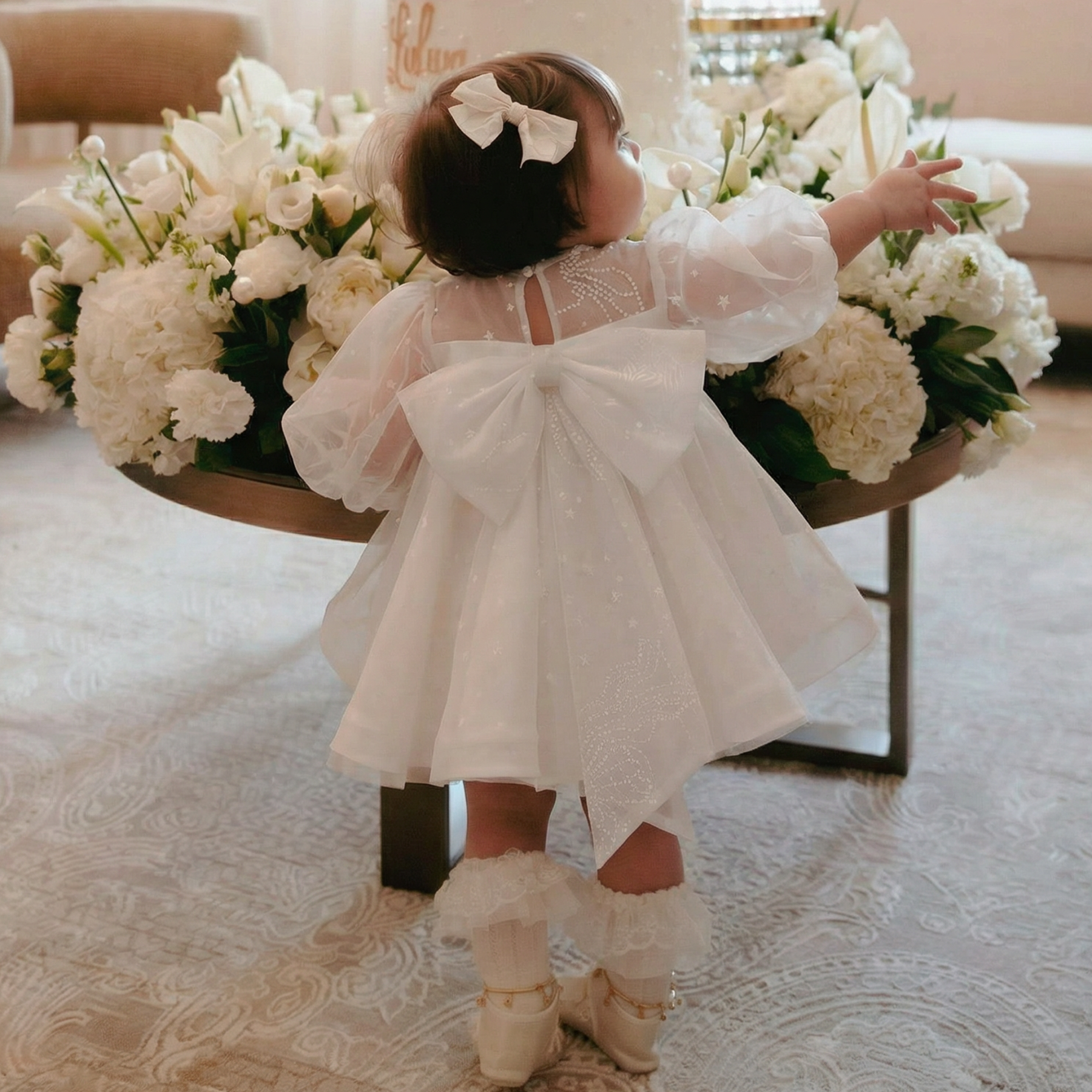 Mesh Bow Long Sleeve Midi Dresses - image 2