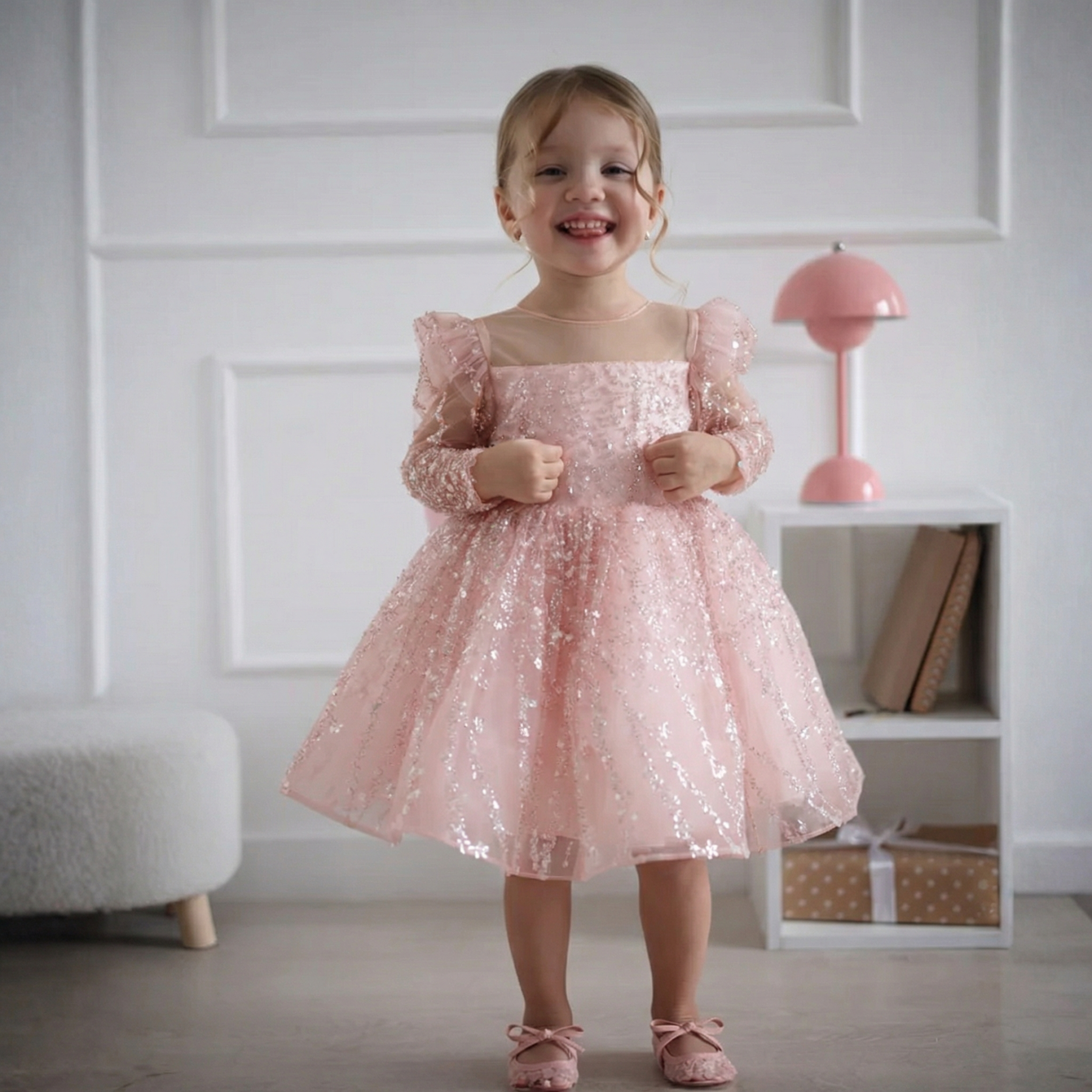 Glitter Sequins Long Sleeve Midi Dresses - Light Pink - 15-16Y - image 1