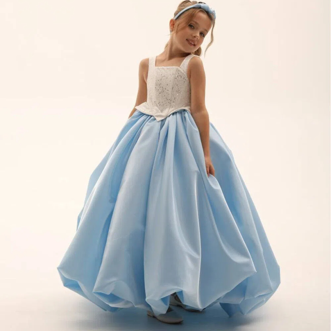 Sequins Organza Corset Sleeveless Maxi Dresses - White&Blue - 8Y - image 1