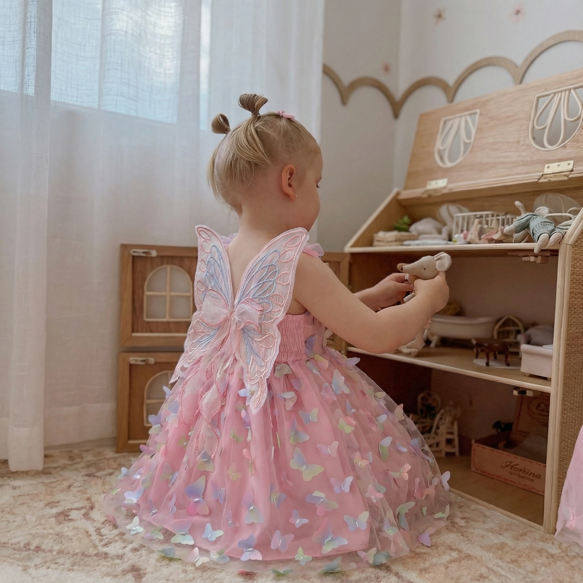 Mesh Butterfly Sleeveless Midi Dresses - Pink - 6Y - image 1